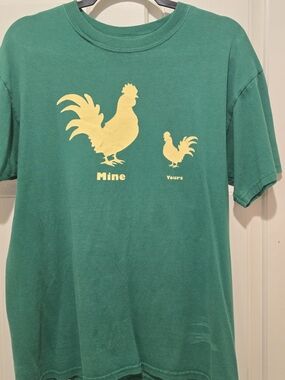 Funny Rooster Mine Yours Graphic T Shirt Green Mens Large